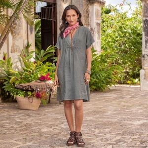 Sundance Olive Green Linen V-Neck Dawn to Dusk Shift Dress, Small